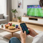 Person analyzing odds on smartphone for keobongda, enjoying sports betting in a cozy home.