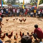 Xem đá gà trong cuộc thi Thomo với bầu không khí sôi động và khán giả nhiệt tình.