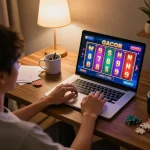 Engaging in slot gacor gameplay on a laptop in a cozy home environment, showcasing online gambling