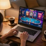 Engaging with RR88 casino games on a cozy home gaming setup, showcasing player interaction and warm ambiance