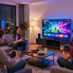 Friends enjoying a gaming night on okwin.com with a vibrant atmosphere and snacks.