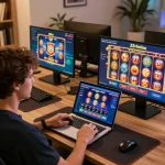 Engaging with 33win online casino platform on a cozy home desk, showcasing responsible gaming.