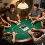 Friends engaging in an exciting home poker game, showcasing strategic moves at the table with hay88x elements.