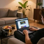 Enjoying gaming on nhà cái onbet platform, person using a laptop in a cozy home setting