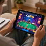 Engaging player strategizing on OnBet's online poker game in a cozy home