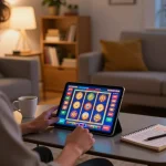 Player engaging with 888top casino app on tablet in cozy living room, showcasing responsible gaming.