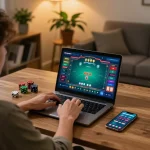Player strategizing on alo8 during an online poker game in a cozy home office setting.