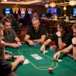 Players strategizing over poker chips at ga6789 upscale casino table, capturing the excitement of gambling.