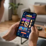 Playing slot games on the VS555 Bangladesh app in a cozy living room setting.
