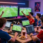 Socolive streaming soccer matches with fans cheerfully engaging in an exciting sports viewing experience.