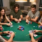 Friends playing an exciting poker game at home, showcasing strategic moments of gameplay on a table with colorful chips and cards, featuring lapak303 in a relaxed atmosphere.