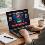 Player strategizing on K8 casino games at a cozy home setup, engaging in responsible gambling.