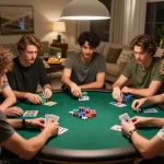 Hitclub players engaged in an intense home poker game, showcasing strategic betting and friendly competition.