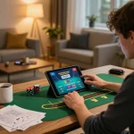 Engaged player absorbed in 789Club blackjack session on tablet, showcasing responsible gaming atmosphere.