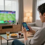 Taking action on tỷ lệ bóng đá odds during an exciting soccer game using a smartphone.