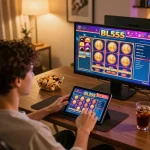 Player engaging with the BL555 casino on a tablet, showcasing an inviting online betting atmosphere.