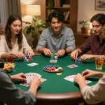 Friends play poker in a cozy home setting showcasing Au88 gaming atmosphere.