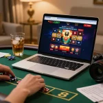 KUBET online gaming setup with laptop showing casino bets and a cozy home ambiance