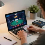 Player analyzing 13Win poker strategy at home, engaging with online gaming interface