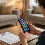 Engaged player using Net88 app on smartphone for betting in a cozy setting.