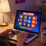 Max88 player engaging with an online slot game interface at home for strategic gaming.