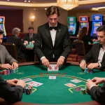 Website 9bet players enjoying a thrilling blackjack game at an upscale casino table, showcasing excitement.