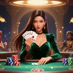 Experience the thrill of 777x poker with a beautiful Asian woman at a vibrant table.
