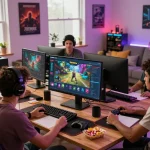 Social gaming scene featuring friends enjoying the 789Win platform, showcasing modern gaming peripherals and lively atmosphere.