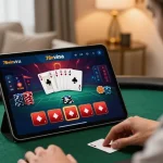 Engaged player at home using 78winvina tablet to strategize poker game.