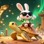 Experience the vibrant MMOO casino scene with a lucky rabbit and golden turtle surrounded by gaming elements.