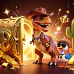 Experience the royal casino game adventure with vibrant dinosaur characters amidst golden treasures and dynamic casino elements.