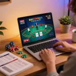 Engaged in a sunwin blackjack game at a modern home desk with vibrant lighting.