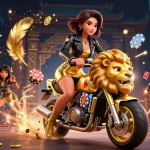 Spin and win at dnh with a glamorous Asian woman riding a golden lion mascot in a vibrant casino scene.