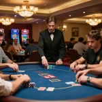 Players competing in high-stakes poker at the elegant 13win-asia casino, showcasing strategy and excitement.