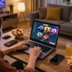 Player engaging with GG88 online casino games on a cozy night.