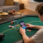 Engaged user placing bets on the 999bet mobile app in a cozy home setting.
