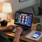 Engaging online casino gameplay on dash88, depicting a player focused on strategies, cozy home setting.