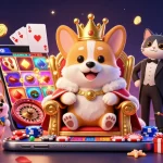 Experience thrilling gameplay at 89king with a royal corgi surrounded by dynamic gaming elements and prizes.