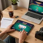hb88 user engaged in online poker strategy with vibrant gaming setup.