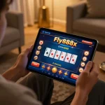 Engaged player strategizing a poker game via the fly888x interface on a tablet in a cozy living room setting.