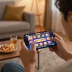 Engaged player spinning Jili slot games on a smartphone in a cozy home setting.