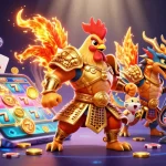 Experience the go8 gaming world with a vibrant scene featuring slot games and a heroic rooster warrior.
