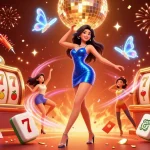 Engage with the vibrant casino scene featuring 66b, with dynamic characters and iconic slot elements.
