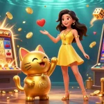 Play exciting casino games on cm88 with a lively Asian woman and a lucky golden cat.