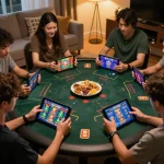 Players engaging with the LC88 casino app during a fun online gaming night, showcasing excitement and strategy.