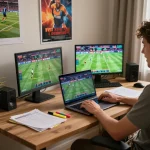 Bet on cm88 with excitement while viewing live sports odds on laptop in modern home office