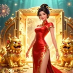 Kuwincom sparks excitement with a glamorous Asian woman in a casino, flanked by golden foo dog guardians.
