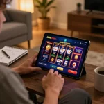 Engaging gamer using ALO8 STUDIO app on tablet in a cozy home setting, showcasing strategic casino interaction.
