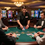 Players strategizing at the sc88 blackjack table amid luxurious casino ambiance.