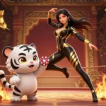 Engage in spectacular gaming action with Nhà cái S8 featuring a striking woman and baby tiger amidst vibrant casino elements.